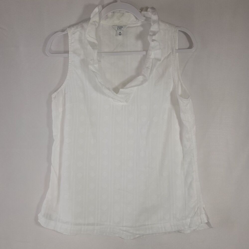 Crown & Ivy White Clip Dot Ruffle Neck Sleeveless Lined Blouse Top Womens Size M